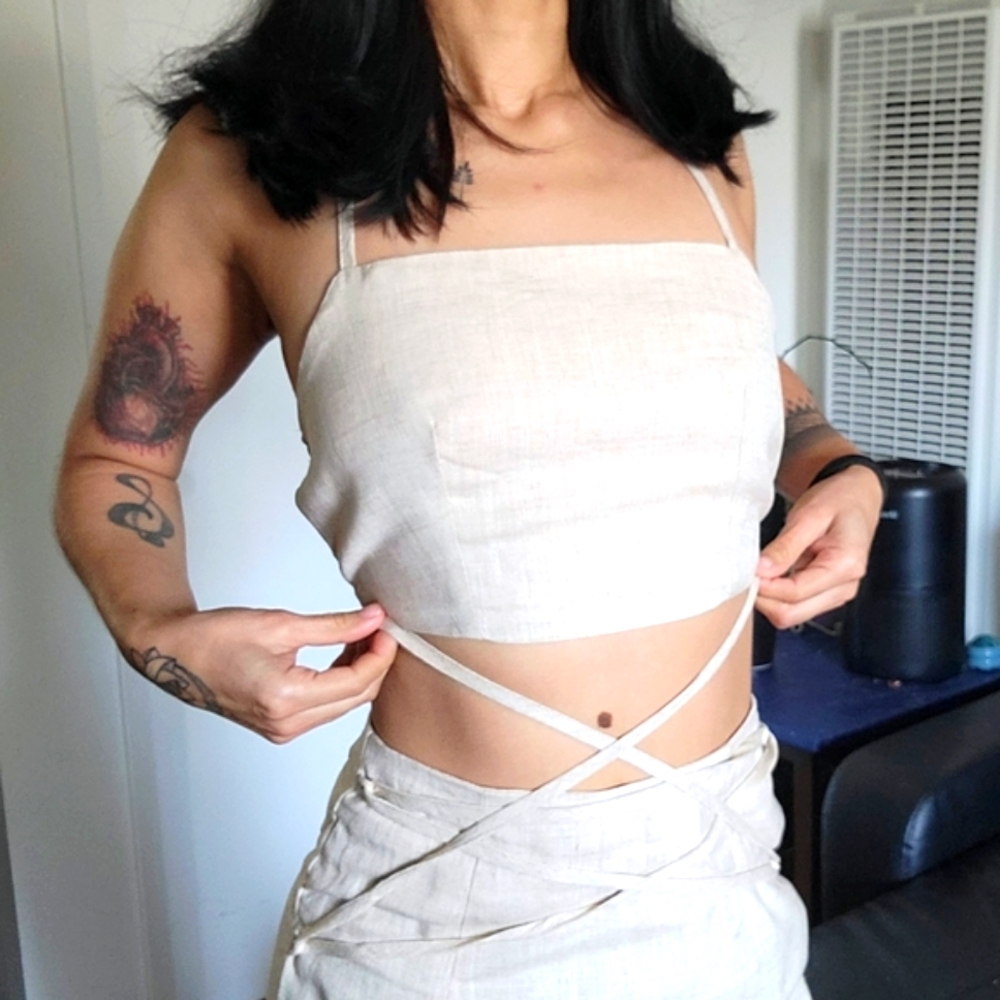 Sexy Linen Lace up crop top & skirt set